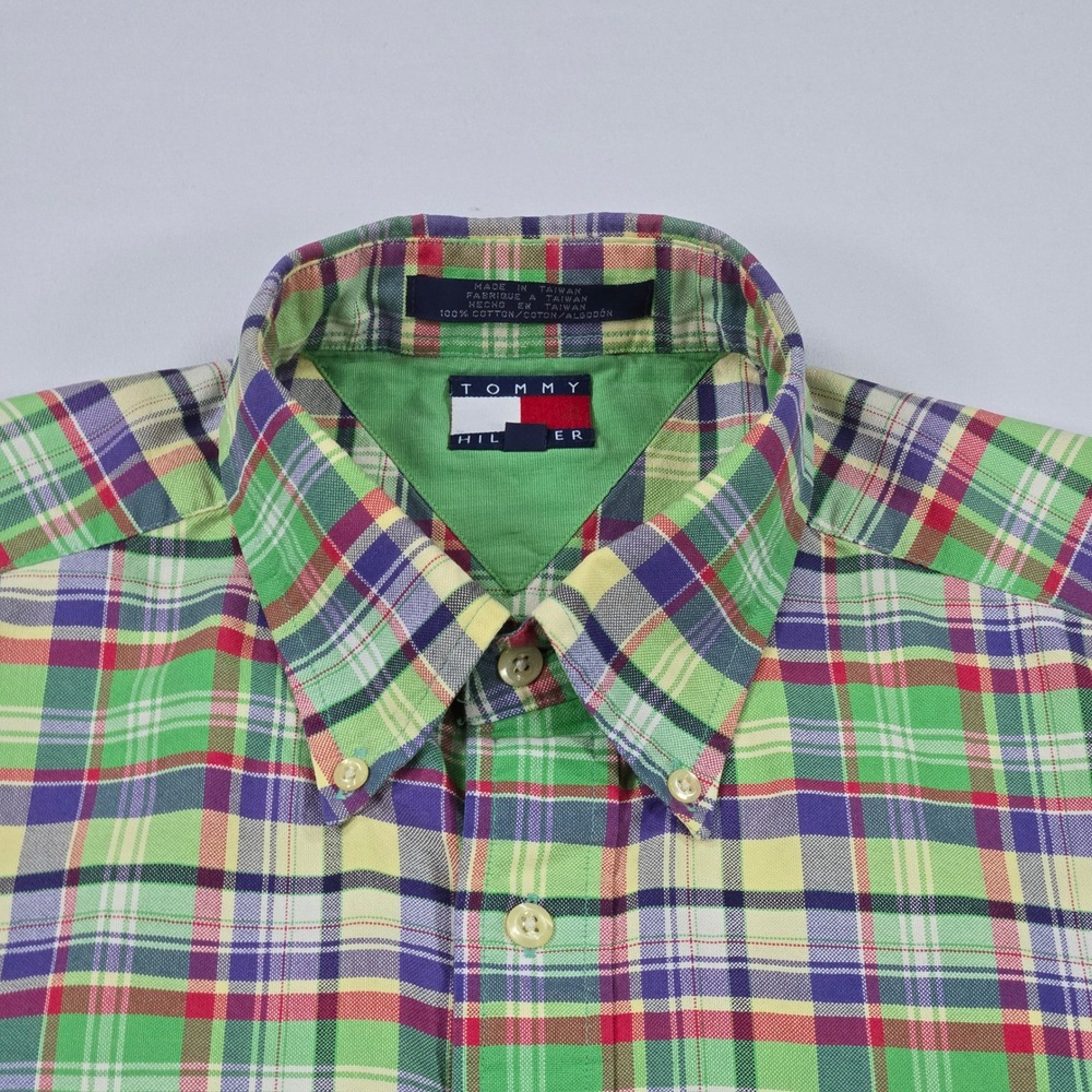 Vintage Tommy Hilfiger Shirt Mens L Green Red Blue Plaid Crest Logo Preppy Y2K - Picture 3 of 9